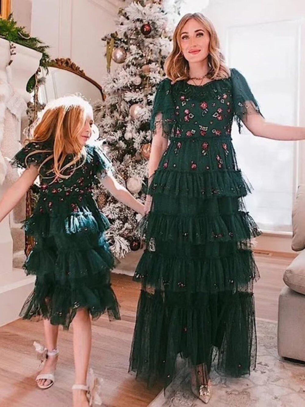 Ivy City Co Amelie Dark Green Floral Tiered Tulle Maxi Dress